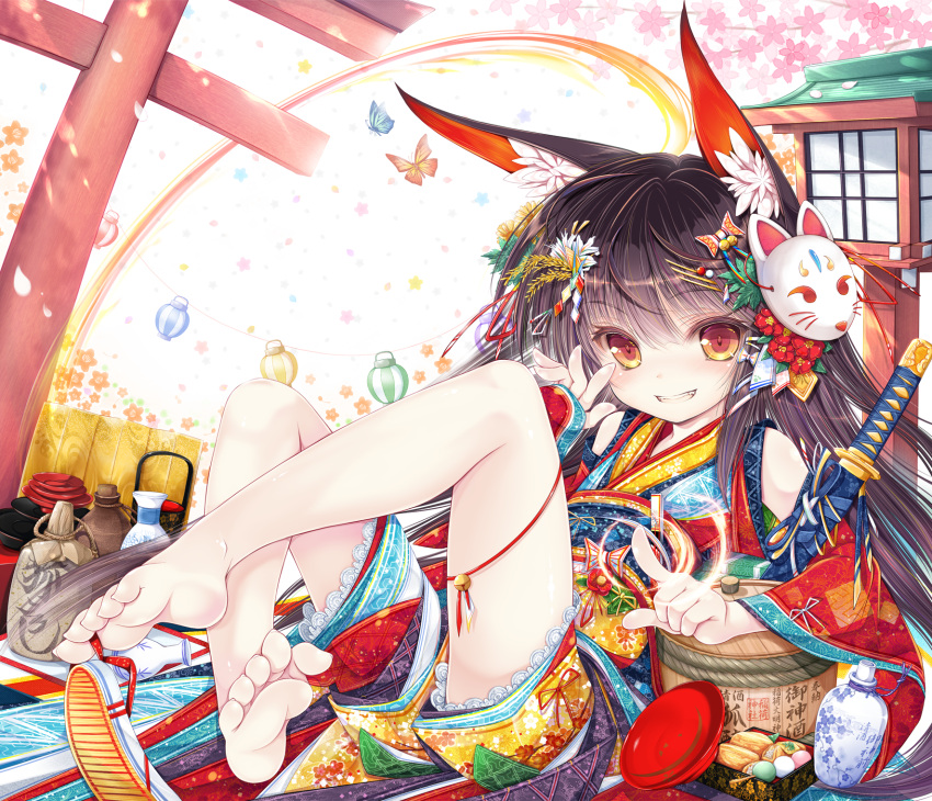 1girl animal_ears barefoot bell between_toes bottle brown_hair butterfly cherry_blossoms commentary_request cup detached_sleeves feet fox_mask grin hair_ornament highres jingle_bell katana lantern long_hair mask mask_on_head original paper_lantern red_eyes sakazuki sake_bottle sandals sheath sheathed shoe_dangle smile soles solo sword tenmu_shinryuusai toes torii weapon
