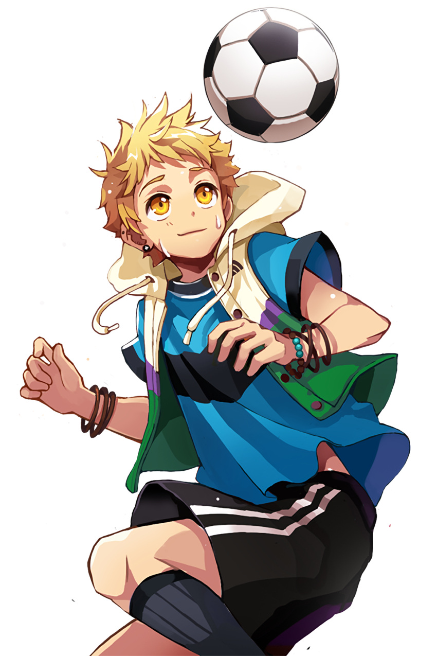 1boy ball black_legwear black_pants blonde_hair bracelet earrings highres hooded_vest jewelry kneehighs male_focus official_art pants ryle_(soccer_spirits) soccer_ball soccer_spirits soccer_uniform solo sportswear standing stud_earrings windy4th wristband