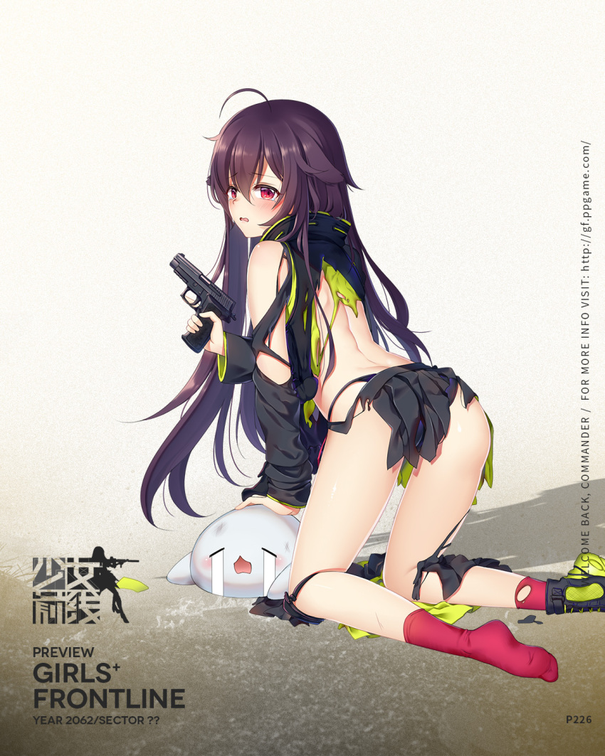 1girl 3: =_= ahoge ass bangs black_shoes black_skirt blush character_name copyright_name crying d: eyebrows_visible_through_hair girls_frontline gun hair_between_eyes hair_flaps highres holding holding_gun holding_weapon long_hair long_sleeves looking_at_viewer looking_back open_mouth p226_(girls_frontline) philomelalilium pink_legwear pleated_skirt purple_hair seal shadow shoes sig_sauer_p226 skirt sneakers socks solo tareme tears thighs torn_clothes torn_skirt torn_socks torn_vest trigger_discipline violet_eyes weapon