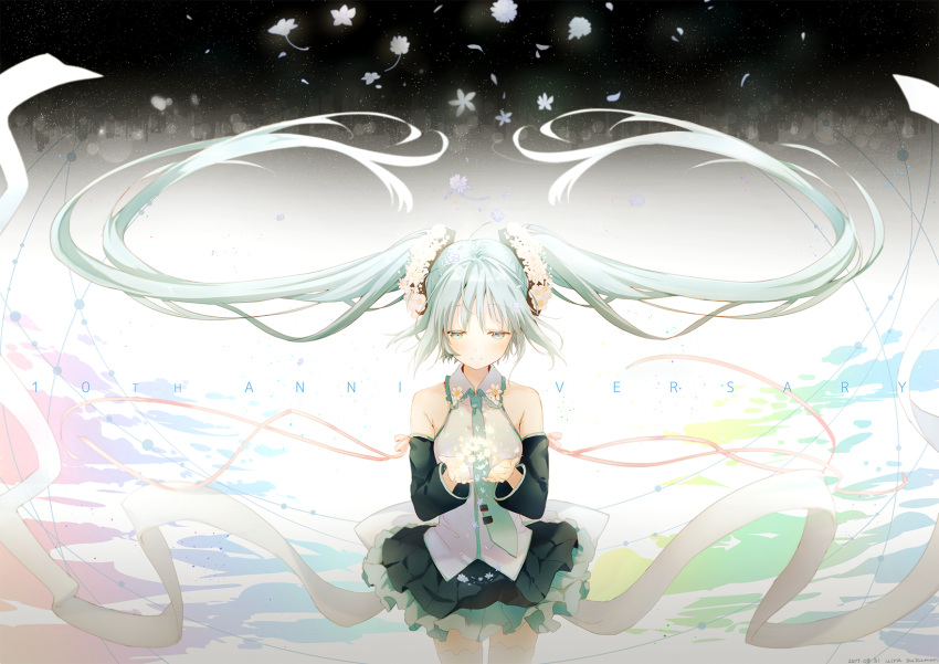 1girl anniversary aqua_necktie bangs black_skirt blue_eyes blue_hair blush closed_mouth cupping_hands detached_sleeves eyebrows_visible_through_hair floating_hair flower frilled_skirt frills hair_ornament half-closed_eyes hatsune_miku highres holding holding_flower long_hair necktie pleated_skirt shirt skirt sleeveless sleeveless_shirt smile solo suzumori_uina thigh-highs twintails very_long_hair vocaloid white_flower white_legwear