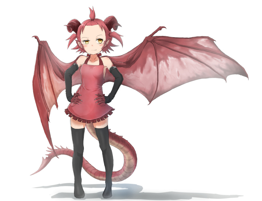 1girl animal_ears apron armpit_peek bare_shoulders blush boots breasts claws commentary_request detached_sleeves dragon_girl dragon_horns dragon_tail dragon_wings fingernails half-closed_eye hands_on_hips horns kamemaru looking_away looking_to_the_side original redhead shadow sharp_fingernails short_hair simple_background slit_pupils small_breasts smile solo spread_wings standing tail thigh-highs thigh_boots white_background wings yellow_eyes zettai_ryouiki