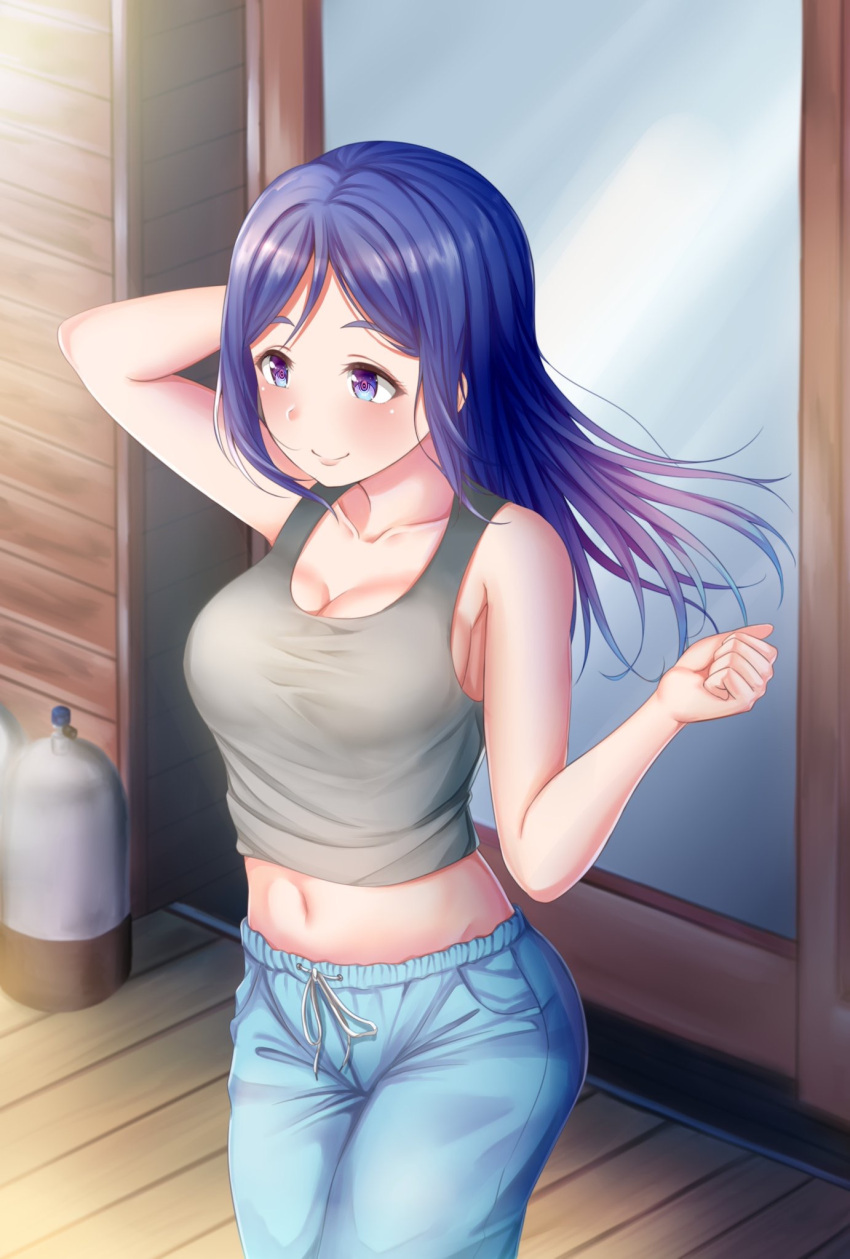 1girl arm_up bangs bare_arms bare_shoulders blue_eyes blue_hair blue_pants blush breasts canister cleavage closed_mouth collarbone commentary_request day door drawstring floating_hair glass gradient_eyes gradient_hair grey_tank_top hair_down hand_in_hair hand_up highres large_breasts long_hair looking_away love_live! love_live!_sunshine!! matsuura_kanan midriff morning multicolored multicolored_eyes multicolored_hair navel outdoors pants parted_bangs purple_hair rama_(yu-light8) shiny shiny_hair sideboob sidelocks smile solo standing straight_hair sunlight tank_top taut_clothes violet_eyes wind wooden_floor