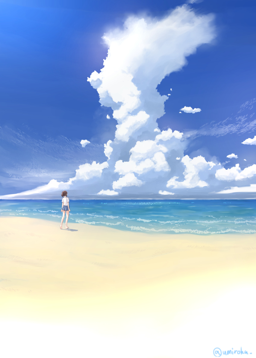 1girl bare_legs barefoot beach blue_skirt blue_sky brown_hair clouds commentary_request day from_behind highres horizon ocean original outdoors pleated_skirt ponytail sand scenery shirt shore short_sleeves sidelocks signature skirt sky solo standing twitter_username umiroku waves white_shirt