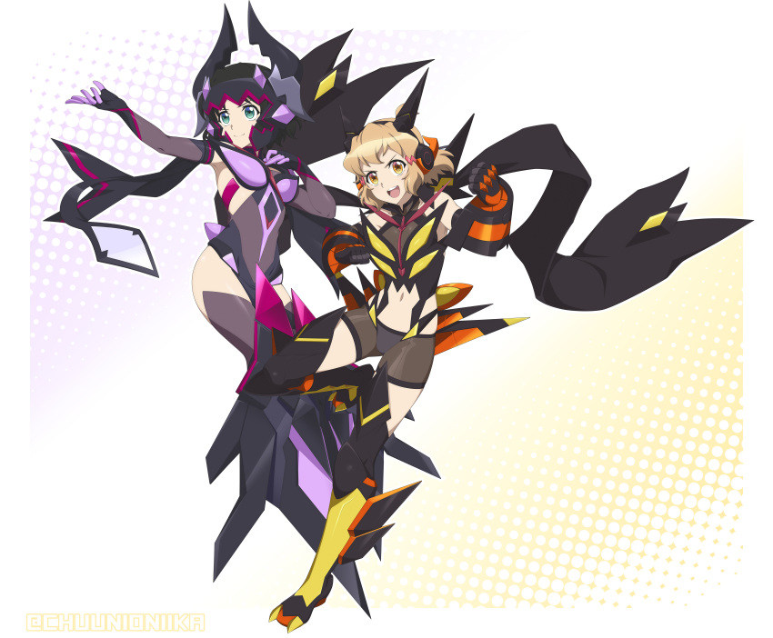 2girls absurdres black_hair black_legwear black_shorts blonde_hair breasts chuunioniika closed_mouth elbow_gloves eyebrows_visible_through_hair full_body gloves green_eyes highres kohinata_miku looking_at_viewer multiple_girls open_mouth senki_zesshou_symphogear shiny shiny_hair shiny_skin short_hair shorts simple_background small_breasts smile tachibana_hibiki_(symphogear) thigh-highs yellow_eyes