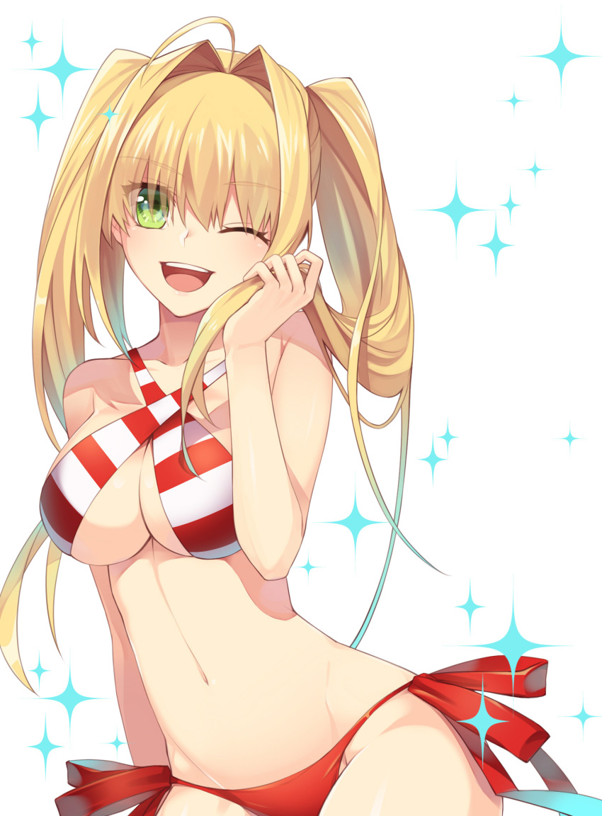 1girl ;d ahoge bikini blonde_hair breasts eyebrows_visible_through_hair fate/grand_order fate_(series) green_eyes highres long_hair looking_at_viewer medium_breasts navel nero_claudius_(swimsuit_caster)_(fate) one_eye_closed open_mouth saber_extra side-tie_bikini simple_background smile solo sparkle standing striped striped_bikini swimsuit toujou_masateru twintails white_background