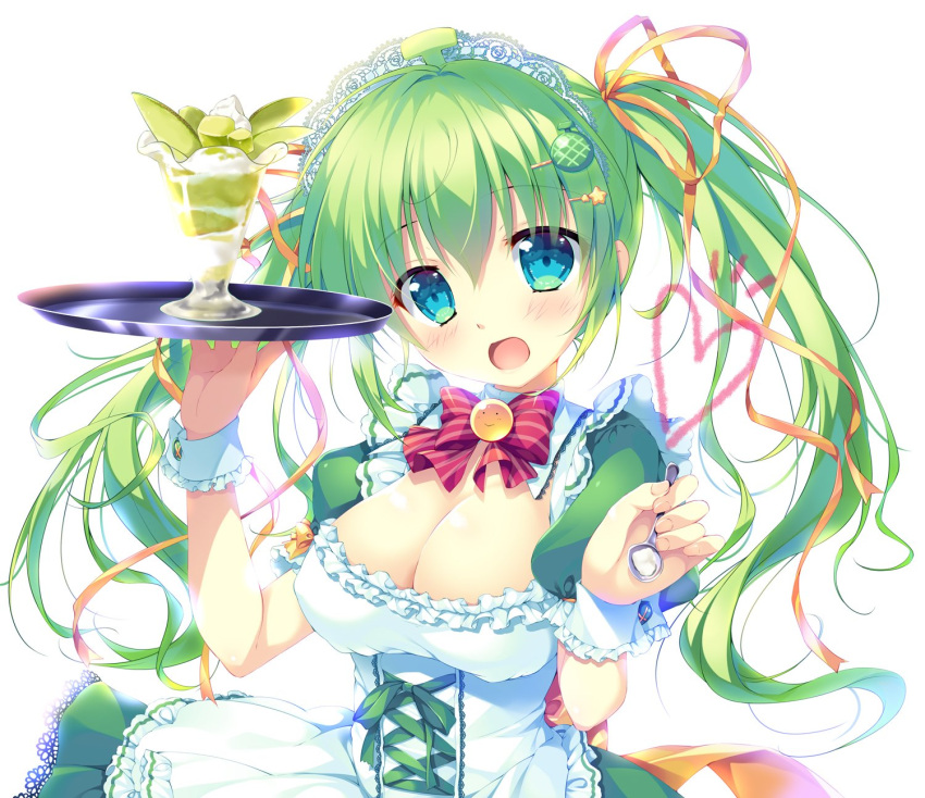 1girl bangs blue_eyes blush bow bowtie breasts cleavage commentary eyebrows_visible_through_hair food frills green_hair hair_ornament hairclip heart highres holding large_breasts maid maid_headdress melon-chan mikeou open_mouth puffy_sleeves short_sleeves simple_background solo spoon tray twintails upper_body white_background wrist_cuffs