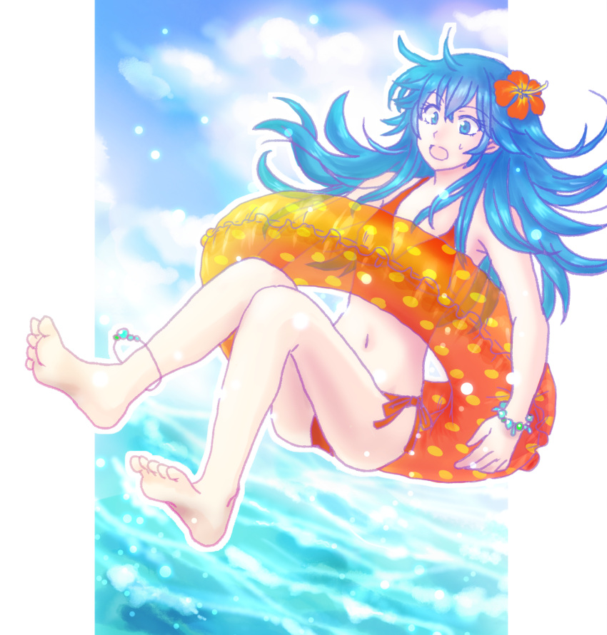 1girl barefoot beach belly_button bikini blue_eyes blue_hair bracelet cute doru_(pixiv_id_3509880) fire_emblem fire_emblem:_kakusei fire_emblem_heroes flower innertube intelligent_systems long_hair lucina nintendo ocean polka_dot red_bikini solo summer super_smash_bros. super_smash_bros._ultimate water