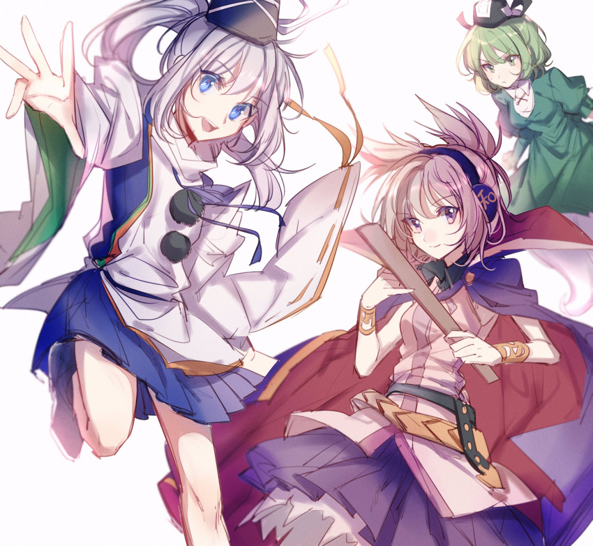 3girls :d aibivy bangs black_shoes blue_eyes blue_skirt bracelet brown_eyes brown_hair cape closed_mouth dress earmuffs eyebrows_visible_through_hair ghost_tail green_dress green_eyes green_hair grey_hair hair_between_eyes hat highres holding jewelry long_sleeves looking_at_viewer mononobe_no_futo multiple_girls neck_ribbon open_mouth pleated_skirt pointy_hair pom_pom_(clothes) purple_ribbon ribbon ribbon-trimmed_sleeves ribbon_trim ritual_baton shoes short_sleeves simple_background skirt sleeveless smile soga_no_tojiko tate_eboshi touhou toyosatomimi_no_miko white_background wide_sleeves