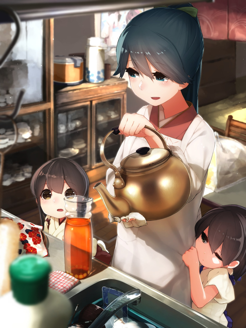 3girls absurdres akagi_(kantai_collection) blue_eyes brown_hair cup dishes grabbing hair_between_eyes hakama highres houshou_(kantai_collection) indoors japanese_clothes kaga_(kantai_collection) kantai_collection long_hair multiple_girls open_mouth ponytail rice_cooker short_hair suginoji tea teacup tray younger