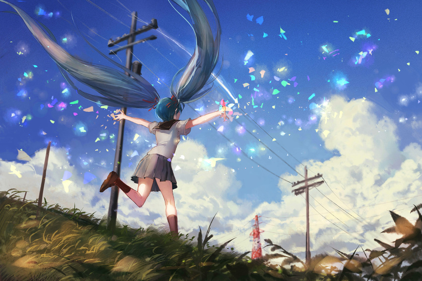 1girl black_legwear black_shoes black_skirt blouse blue_sky clouds cloudy_sky fisheye from_behind grass hatsune_miku highres kneehighs loafers long_hair outstretched_arms pleated_skirt power_lines running school_uniform serafuku shoes short_sleeves sishenfan skirt sky solo utility_pole very_long_hair vocaloid white_blouse