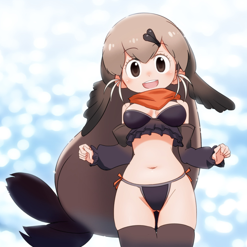 1girl :d bare_shoulders bikini black_bikini blurry blurry_background breasts breasts_apart brown_eyes brown_hair brown_legwear commentary_request cowboy_shot detached_sleeves eyebrows_visible_through_hair gluteal_fold hair_ornament hairclip highres kemono_friends long_hair looking_at_viewer medium_breasts navel open_mouth orange_scarf sat-c scarf smile solo steller's_sea_lion_(kemono_friends) swimsuit thigh-highs thigh_gap very_long_hair