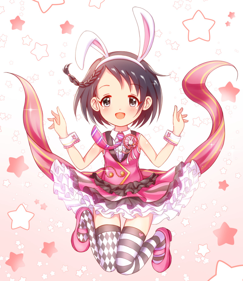 1girl :d animal_ears animal_print argyle argyle_legwear bangs black_eyes black_hair blush braid bunny_print commentary_request eyebrows_visible_through_hair fake_animal_ears frilled_shirt frilled_skirt frills full_body hair_tie heart highres idolmaster idolmaster_cinderella_girls jumping layered_skirt looking_at_viewer mary_janes mismatched_legwear necktie open_mouth pink_shoes pink_skirt pink_vest rabbit_ears sasaki_chie shirt shisight shoes short_hair single_braid skirt sleeveless smile solo star starry_background striped striped_legwear striped_necktie swept_bangs thigh-highs undershirt white_shirt wrist_cuffs