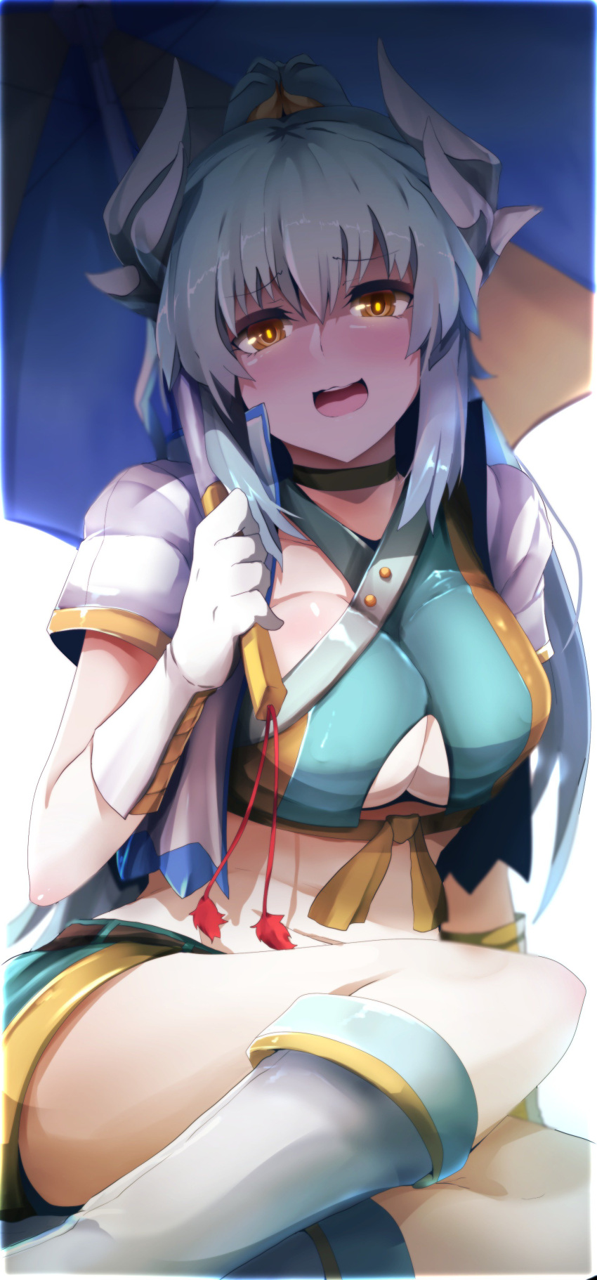 1girl :d absurdres bangs blush boots breasts choker cleavage fate/grand_order fate_(series) foreshortening gloves green_hair highres horns kiyohime_(fate/grand_order) kiyohime_(swimsuit_lancer)_(fate) large_breasts long_hair looking_at_viewer navel open_mouth ponytail short_sleeves sitting smile solo stomach umbrella wadakazu white_boots white_gloves yellow_eyes yokozuwari
