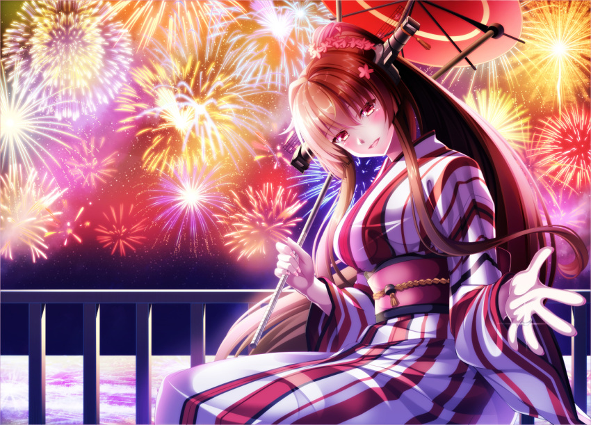 1girl alternate_costume brown_eyes brown_hair cherry_blossoms commentary_request fireworks headgear holding holding_umbrella japanese_clothes jewelry kantai_collection kimono long_hair looking_at_viewer night night_sky obi oriental_umbrella outdoors ponytail ring sash sitting sky umbrella wedding_band yamato_(kantai_collection) yuuzuki_hijiri