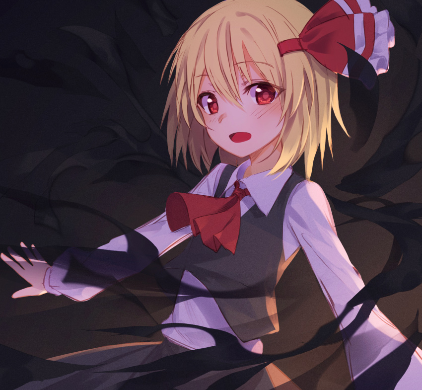 1girl ascot bangs black_skirt blonde_hair darkness eyebrows_visible_through_hair hair_ribbon highres lo-ta long_sleeves looking_at_viewer red_eyes red_ribbon ribbon rumia short_hair skirt skirt_set smile solo touhou upper_body vest wing_collar