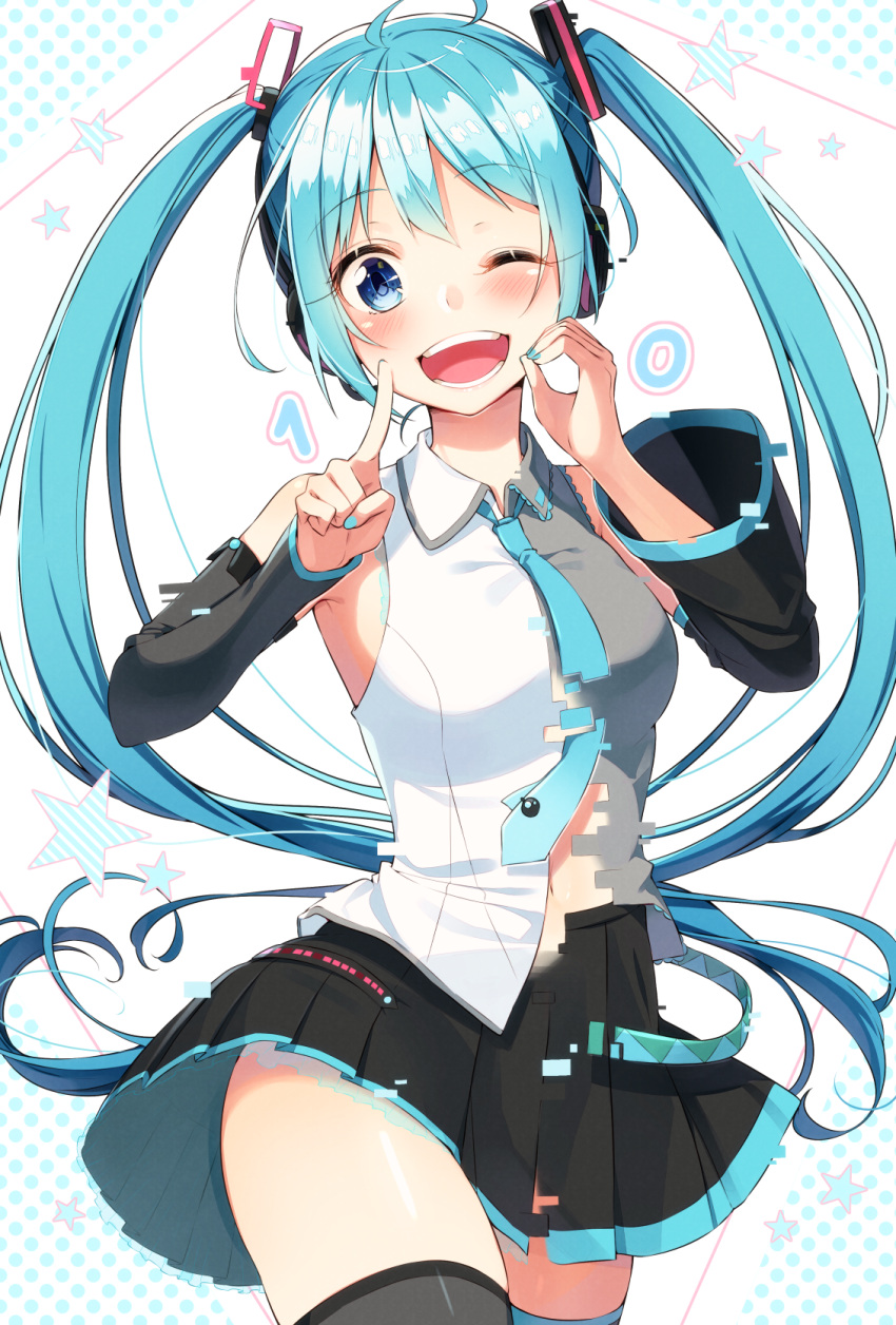 1girl aqua_eyes aqua_hair black_legwear blush cowboy_shot detached_sleeves hatsune_miku highres long_hair looking_at_viewer miku_append nail_polish necktie one_eye_closed sakuragi_ren solo thigh-highs twintails vocaloid vocaloid_append white_background