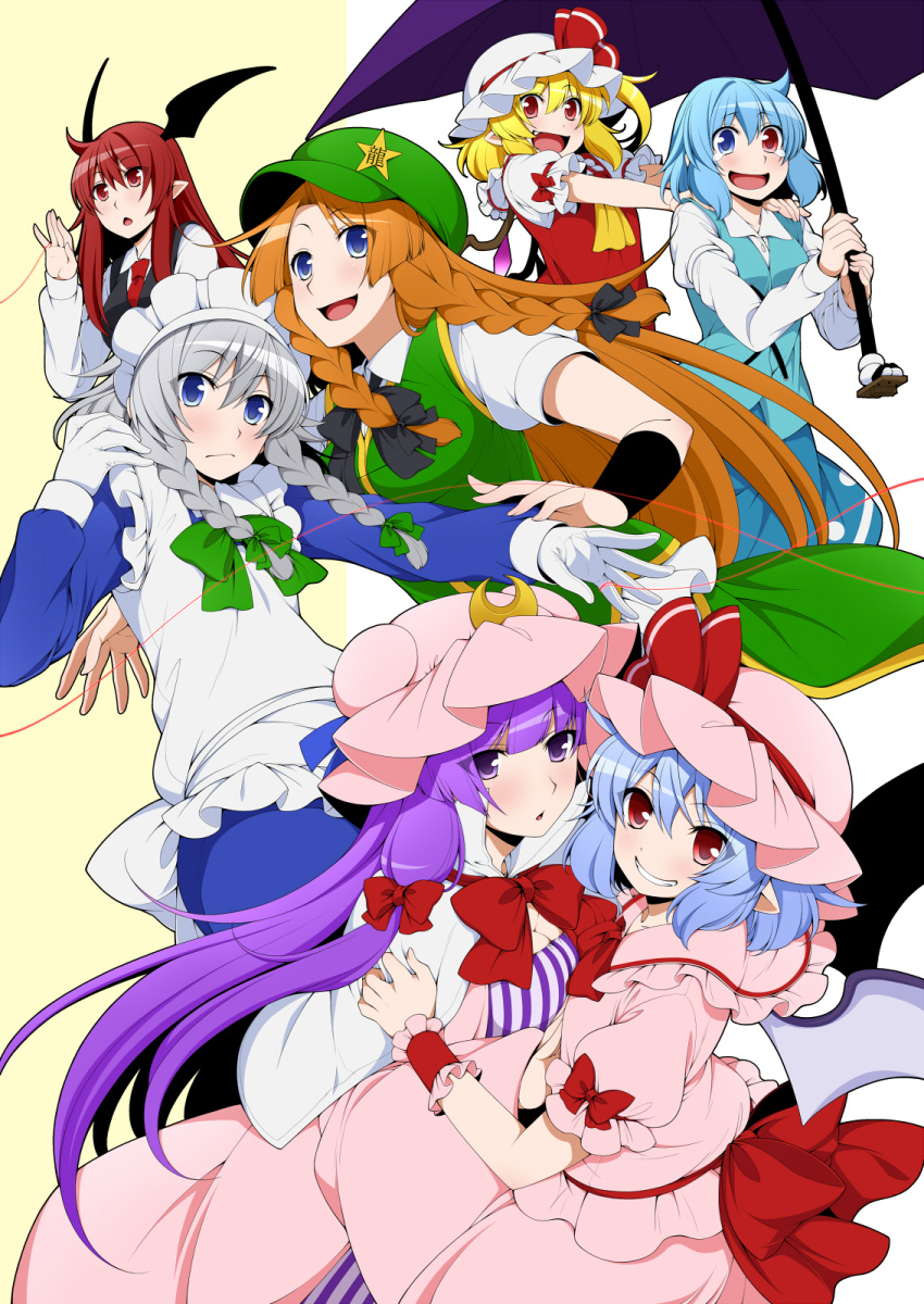 6+girls :d :o ahoge apron arm_up ascot bat_wings blonde_hair blue_dress blue_eyes blue_hair blush bow braid breasts capelet chestnut_mouth china_dress chinese_clothes cleavage commentary_request crescent crescent_moon_pin dress dress_shirt eichi_yuu eyebrows_visible_through_hair eyes_visible_through_hair fang flandre_scarlet frilled_sleeves frills green_dress grin hair_ribbon hat hat_bow head_wings heterochromia highres hong_meiling izayoi_sakuya juliet_sleeves koakuma long_hair long_sleeves looking_at_viewer maid maid_headdress mob_cap multiple_girls necktie open_mouth outstretched_arm patchouli_knowledge pointy_ears puffy_sleeves purple_dress purple_hair red_eyes red_necktie redhead remilia_scarlet ribbon shirt short_hair silver_hair simple_background skirt smile star striped striped_dress tatara_kogasa tears the_embodiment_of_scarlet_devil touhou tress_ribbon twin_braids umbrella vertical_stripes very_long_hair vest violet_eyes white_background white_shirt wings wrist_cuffs yellow_background