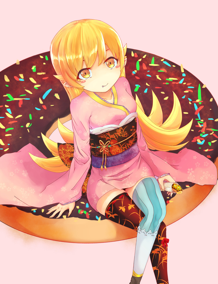 absurdres blonde_hair blush_stickers breasts doughnut fang_out fingernails food highres japanese_clothes kimono legs_crossed long_hair looking_at_viewer mismatched_legwear monogatari_(series) nisemonogatari oshino_shinobu pleasure_mussel sharp_fingernails sitting smile thigh-highs very_long_hair yellow_eyes