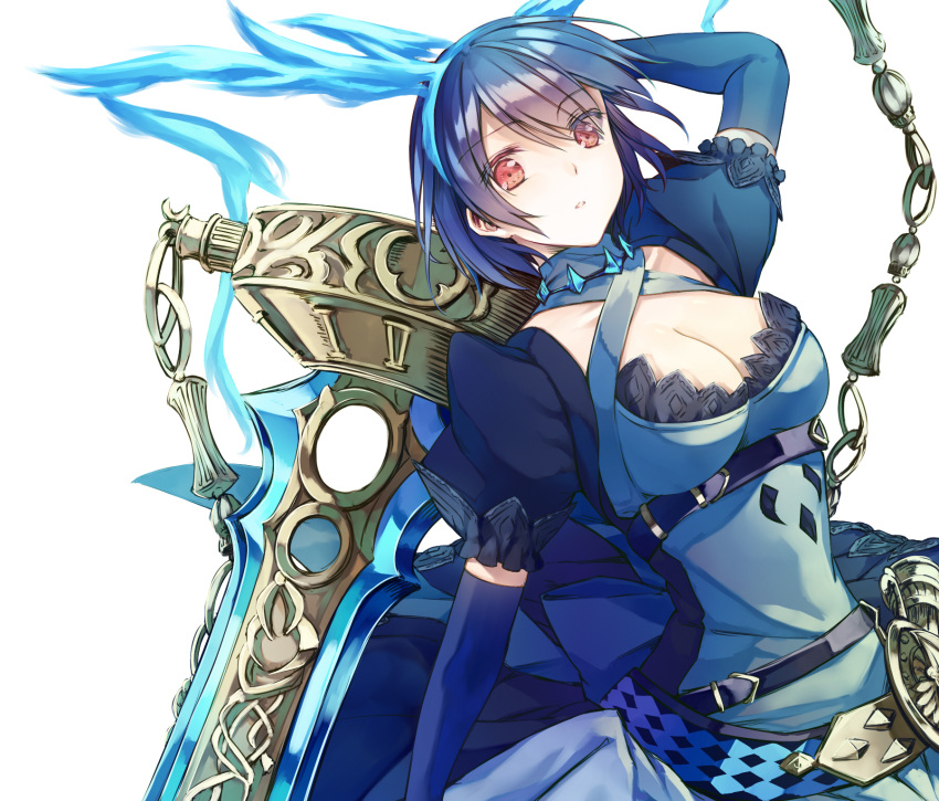 1girl alice_(sinoalice) arm_up bangs belt blue_dress blue_gloves blue_hair breasts cleavage dress elbow_gloves eyebrows_visible_through_hair gloves highres holding holding_sword holding_weapon large_breasts looking_at_viewer parted_lips puffy_short_sleeves puffy_sleeves red_eyes saijou_haruki short_hair short_sleeves sidelocks simple_background sinoalice solo sword upper_body weapon white_background