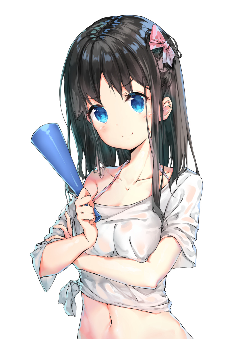 &gt;:) 1girl absurdres artist_request bangs black_hair blue_eyes blush bow breasts c: closed_mouth collarbone daitai_sotogawa_(futomomo) eyebrows_visible_through_hair hair_bow highres holding long_hair looking_at_viewer medium_breasts navel original pink_bow see-through shirt short_sleeves simple_background smile solo tied_shirt upper_body white_background