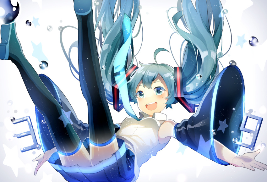 1girl 39 ahoge bangs black_boots black_legwear black_skirt blue_eyes blue_hair blue_necktie blush boots breasts collared_shirt detached_sleeves floating_hair hatsune_miku komadori_ui legs_up long_hair necktie open_mouth outstretched_arms pleated_skirt shirt sidelocks skirt sleeveless sleeveless_shirt small_breasts smile solo star thigh-highs thigh_boots thighs very_long_hair vocaloid water_drop white_shirt