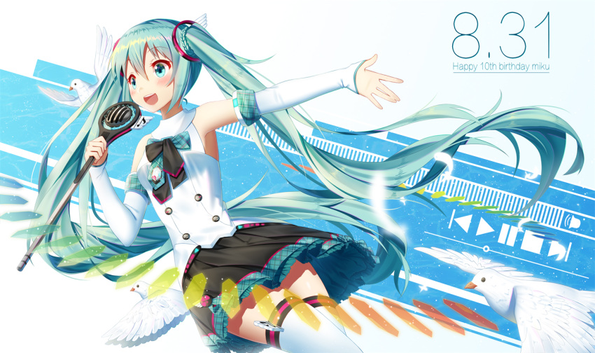 1girl absurdly_long_hair black_skirt blue_eyes blue_hair blush character_name dated detached_sleeves eyebrows_visible_through_hair happy_birthday hatsune_miku holding holding_microphone ji_dao_ji long_hair looking_away microphone open_mouth skirt smile solo thigh-highs twintails very_long_hair vocaloid white_legwear