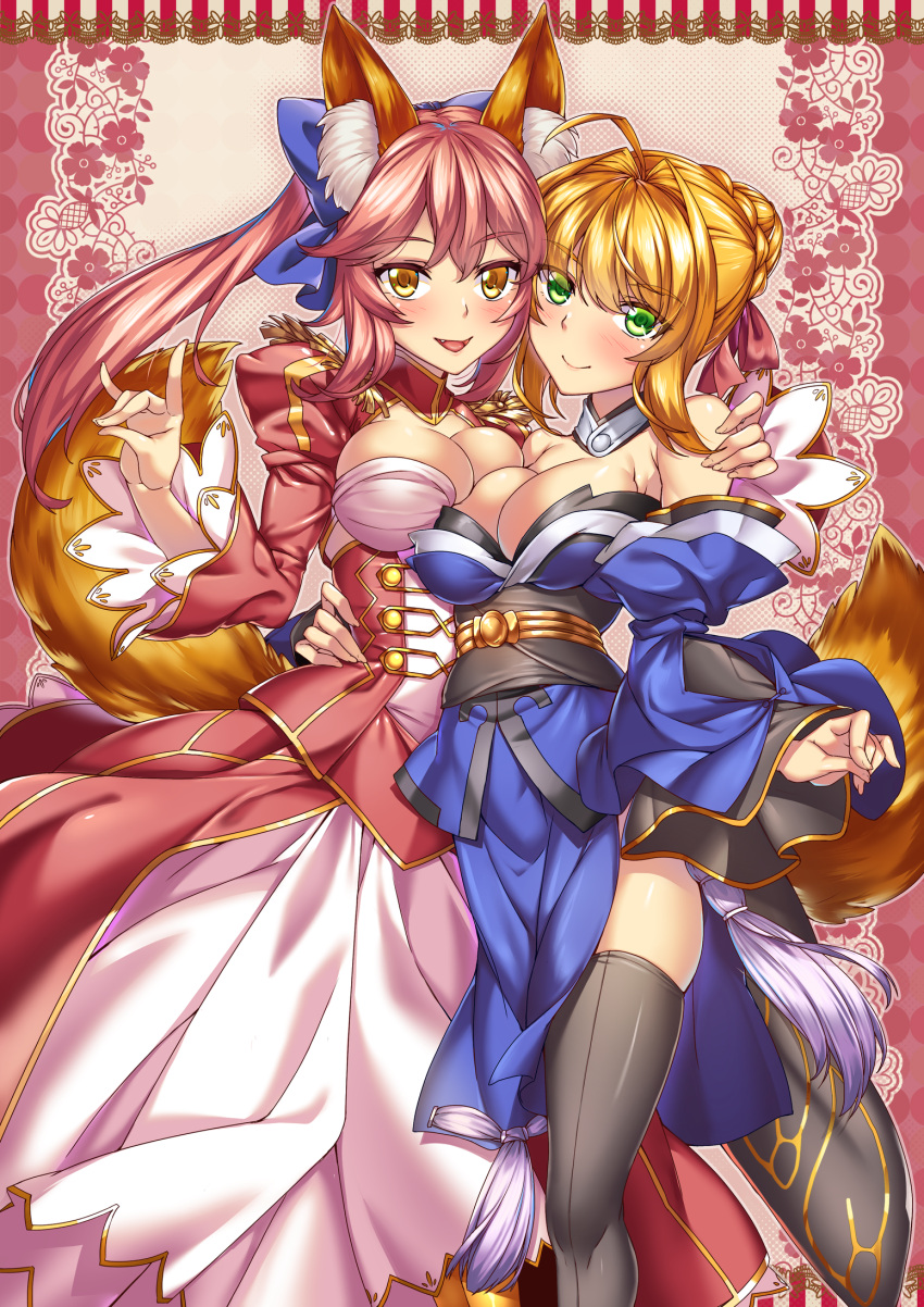 2girls ahoge alternate_costume animal_ears bare_shoulders black_legwear blonde_hair blue_kimono blush braid breasts cleavage cosplay costume_switch detached_sleeves dress fate/extra fate/grand_order fate_(series) fox_ears fox_tail green_eyes hair_ribbon highres japanese_clothes kimono large_breasts long_hair looking_at_viewer multiple_girls nero_claudius_(fate) nero_claudius_(fate)_(all) obi pink_hair red_dress ribbon sash shiny shiny_skin shirokuma_a short_hair skindentation smile tail tamamo_(fate)_(all) tamamo_no_mae_(fate) thigh-highs twintails yellow_eyes