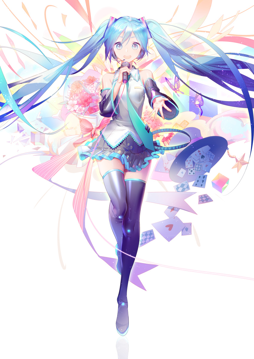 1girl :d absurdres aqua_eyes aqua_hair aqua_necktie bangs boots bouquet butterfly cake card club_(shape) detached_sleeves diamond_(shape) flower food frilled_shirt frills full_body hair_ornament hat hatsune_miku headset heart highres holding holding_microphone long_hair looking_at_viewer microphone necktie open_mouth outstretched_arm playing_card pleated_skirt round_teeth shirt skirt smile solo spade_(shape) standing standing_on_one_leg star teeth thigh-highs thigh_boots top_hat twintails very_long_hair vocaloid wing_collar yyb