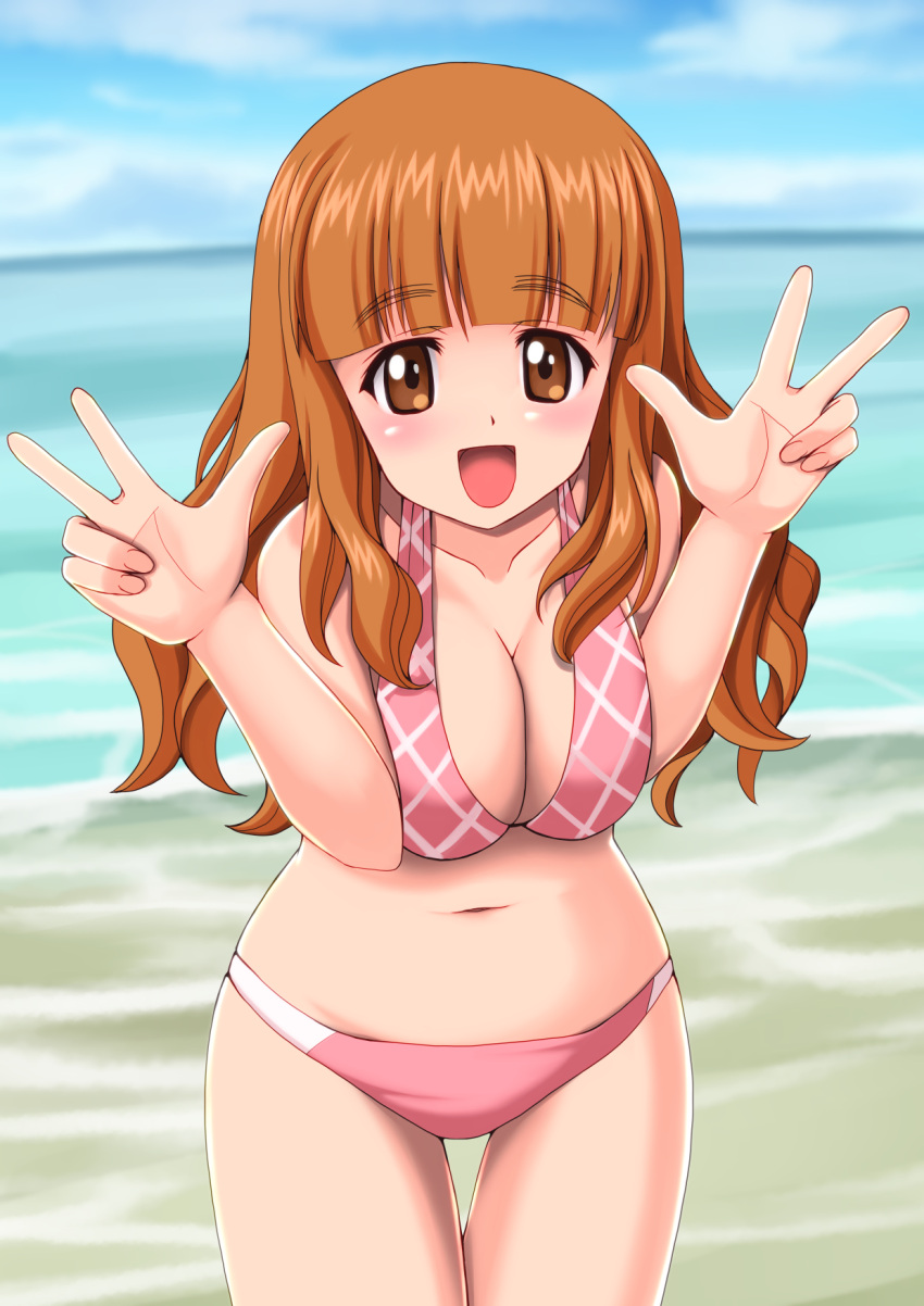 1girl beach bikini breast_squeeze breasts brown_eyes brown_hair cleavage double_v girls_und_panzer highres large_breasts leaning_forward long_hair looking_at_viewer open_mouth pink_bikini smile solo standing swimsuit t_k takebe_saori v
