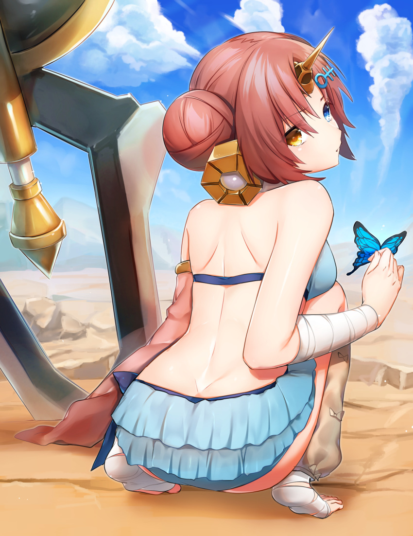 1girl absurdres ass ayamori_mimi back bandage berserker_of_black bikini blue_bikini blue_eyes butterfly butterfly_on_hand double_bun fate/grand_order fate_(series) frankenstein's_monster_(swimsuit_saber)_(fate) from_behind hair_ornament hairclip heterochromia highres horn looking_back pink_hair short_hair solo swimsuit yellow_eyes