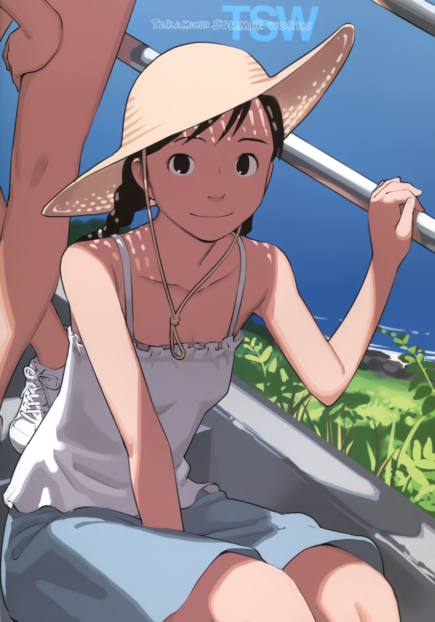 1girl absurdres bare_legs bare_shoulders black_eyes black_hair braid camisole hat highres looking_at_viewer original shoes sitting skirt smile sneakers solo sun_hat takamichi twin_braids