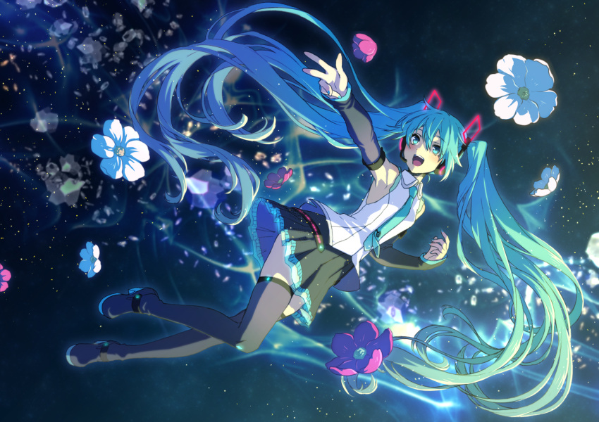1girl aqua_eyes aqua_hair bangs boots detached_sleeves flower full_body hatsune_miku highres long_hair matsuda_toki nail_polish necktie open_mouth outstretched_arm skirt solo thigh-highs thigh_boots twintails very_long_hair vocaloid