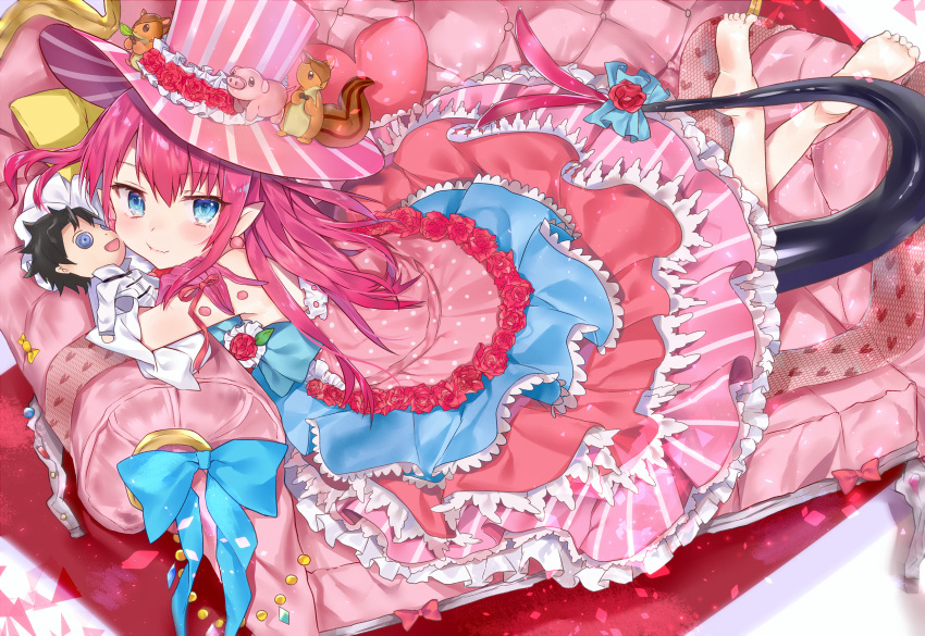 1girl bangs bare_legs blue_eyes bow commentary_request couch detached_sleeves dragon_girl dragon_tail dress earrings eyebrows_visible_through_hair fate/extra fate/extra_ccc fate/grand_order fate_(series) flower frilled_dress frills hat hat_flower heart heart_pillow highres hoshimiya_nazuna jewelry lancer_(fate/extra_ccc) layered_dress long_hair lying on_stomach pig pillow pink_hair pink_hat pointy_ears squirrel striped_hat stuffed_toy tail tail_bow top_hat