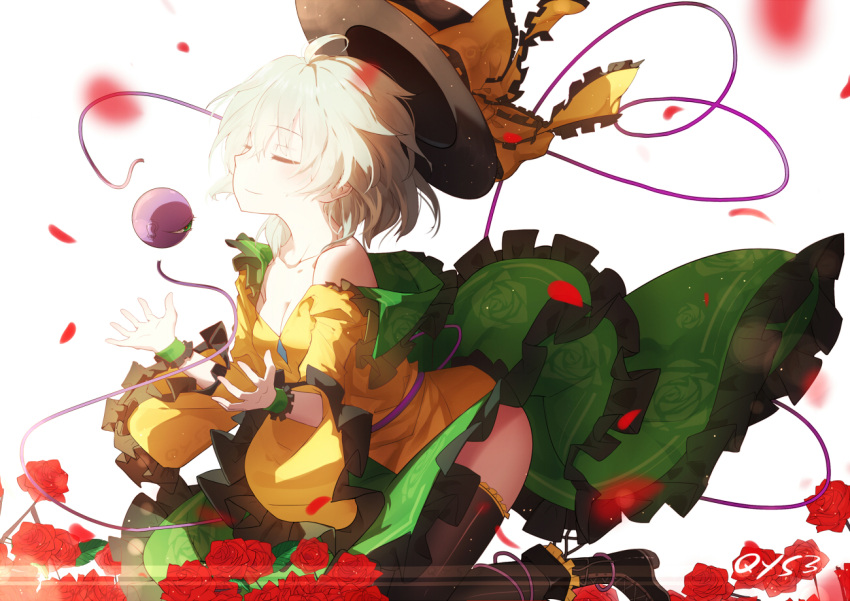 1girl ahoge artist_name bai_yemeng black_boots black_hat black_legwear boots breasts cleavage closed_eyes closed_mouth cross-laced_footwear floral_print flower green_skirt hat hat_ribbon komeiji_koishi lace-up_boots medium_breasts petals red_rose ribbon rose rose_petals shirt short_hair signature silver_hair skirt smile solo thigh-highs third_eye touhou white_background wide_sleeves wrist_cuffs yellow_ribbon yellow_shirt