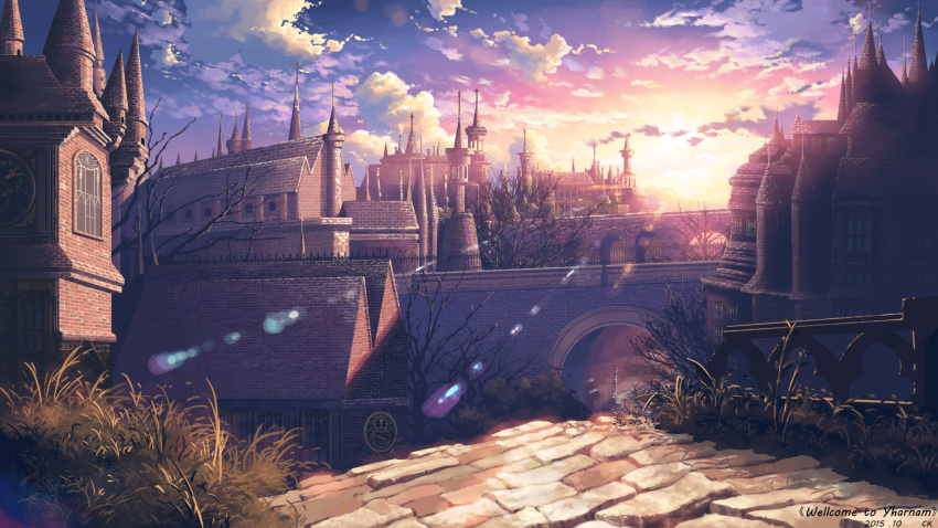 arch architecture bloodborne blue_sky bridge building city clouds cloudy_sky commentary_request dated english fence gothic_architecture gradient_sky grass highres no_humans outdoors scenery signature sky sunlight sunset tower twilight wall yharnam yuuko-san