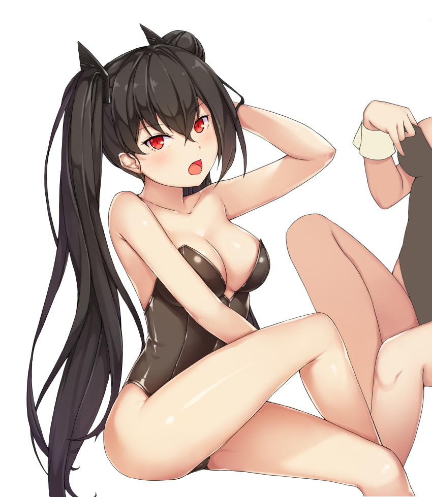 1girl absurdres arm_up black_hair blush breasts bunnysuit character_request cleavage eyebrows_visible_through_hair girls_frontline hallohi highres large_breasts legs_crossed long_hair looking_at_viewer open_mouth red_eyes sitting twintails