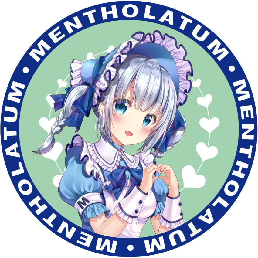 1girl blue_eyes blush bonnet eyebrows_visible_through_hair heart heart_hands highres looking_at_viewer mentholatum mentholatum_girl moyon open_mouth puffy_short_sleeves puffy_sleeves short_hair short_sleeves short_twintails silver_hair smile solo twintails upper_body