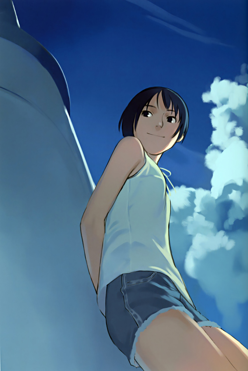 1girl absurdres arm_behind_back black_eyes black_hair clouds day highres short_hair sky smile solo takamichi