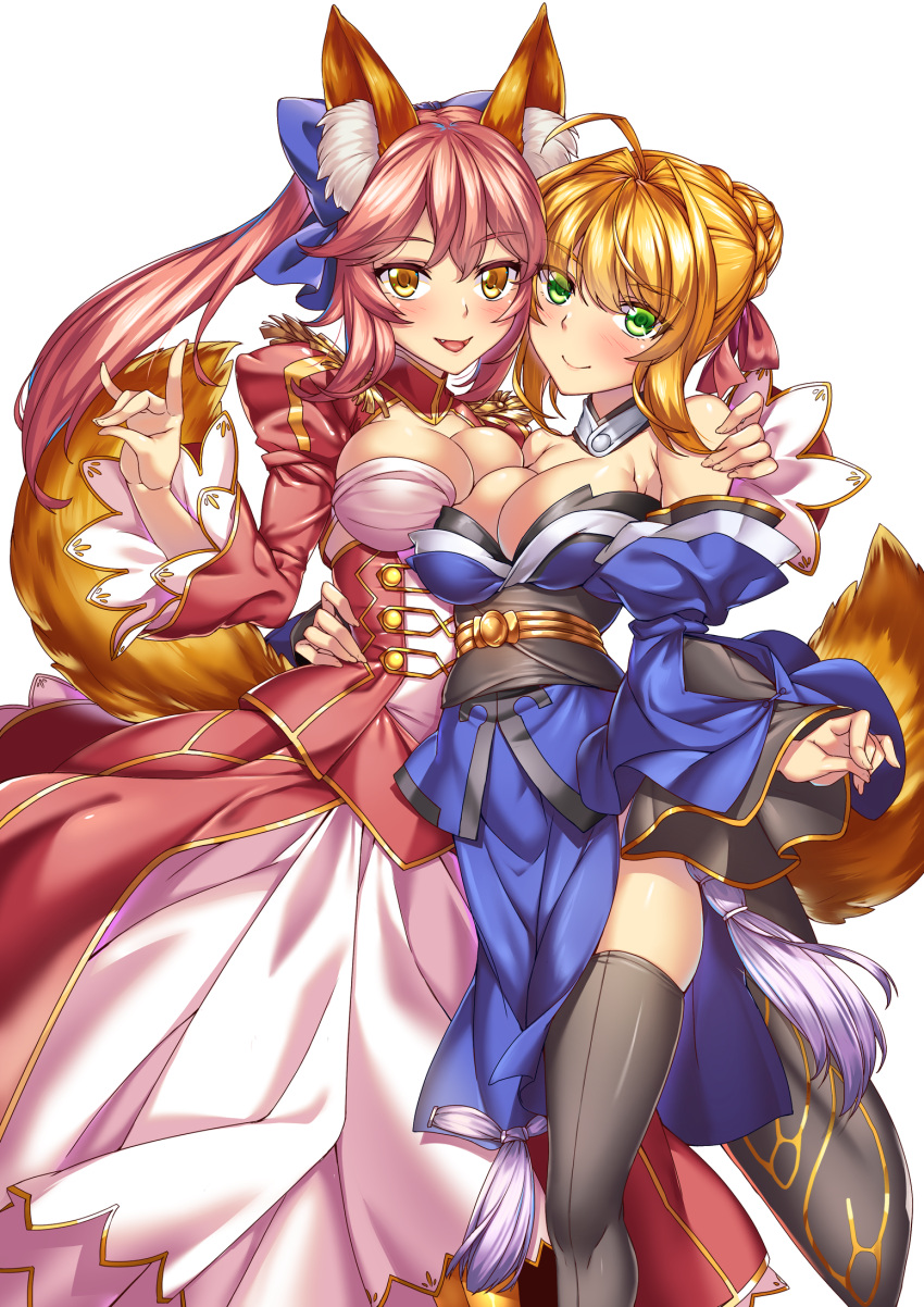2girls ahoge alternate_costume animal_ears bare_shoulders black_legwear blonde_hair blue_kimono blush braid breasts cleavage cosplay costume_switch detached_sleeves dress fate/extra fate/grand_order fate_(series) fox_ears fox_tail green_eyes hair_ribbon highres japanese_clothes kimono large_breasts long_hair looking_at_viewer multiple_girls nero_claudius_(fate) nero_claudius_(fate)_(all) obi pink_hair red_dress ribbon sash shirokuma_a short_hair simple_background smile tail tamamo_(fate)_(all) tamamo_no_mae_(fate) thigh-highs twintails white_background yellow_eyes