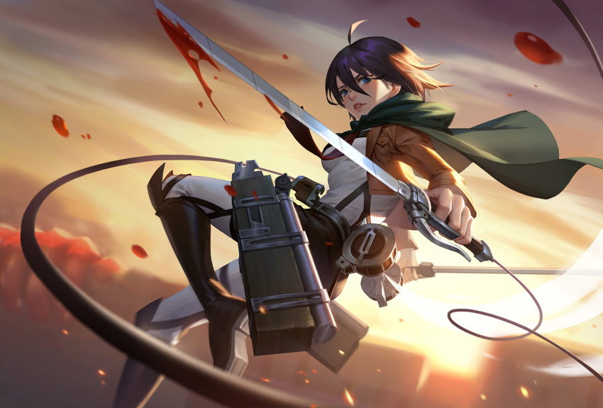 1girl ahoge black_boots black_hair blood blue_eyes boots breasts character_request copyright_request high_heel_boots high_heels highres holding holding_sword holding_weapon jun_luo knee_boots large_breasts looking_at_viewer parted_lips short_hair solo sword teeth weapon