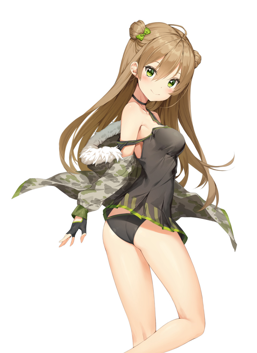 1girl ahoge ass bangs black_gloves black_panties blush bow breasts brown_hair camisole camouflage camouflage_jacket closed_mouth double_bun fingerless_gloves from_behind fur_trim girls_frontline gloves green_bow green_eyes hair_between_eyes hair_bow highres jacket kneepits long_hair looking_at_viewer looking_back medium_breasts mokew open_clothes open_jacket panties revision rfb_(girls_frontline) sidelocks simple_background smile solo strap_slip thighs tsurime underwear white_background