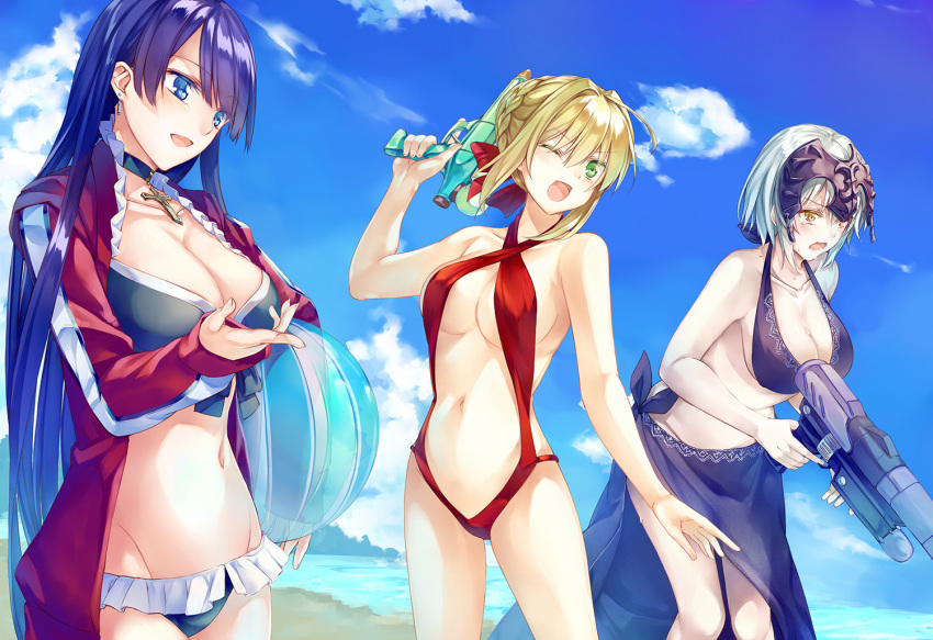 3girls :d ;d ahoge ball bangs beach beachball bikini black_bikini blonde_hair blue_eyes blue_sky blush braid breasts cleavage clouds cloudy_sky collarbone d:&lt; day eyebrows_visible_through_hair fate/extra fate/extra_ccc fate/grand_order fate_(series) french_braid green_eyes hair_intakes hair_ribbon hand_up headpiece holding hood hoodie jeanne_alter large_breasts leaning_forward long_hair medium_breasts multiple_girls navel one-piece_swimsuit one_eye_closed open_clothes open_hoodie open_mouth outdoors purple_hair red_ribbon red_swimsuit ribbon ruler_(fate/apocrypha) saber_extra saijou_haruki saint_martha saint_martha_(swimsuit_ruler)_(fate) sarong short_hair sidelocks silver_hair sky slingshot_swimsuit smile standing swimsuit thighs trigger_discipline very_long_hair water_gun yellow_eyes