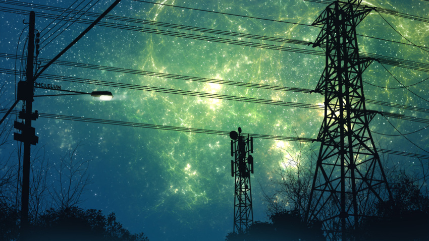bare_tree commentary lamppost mclelun nebula night night_sky no_humans outdoors power_lines scenery signature sky star_(sky) starry_sky transmission_tower tree utility_pole