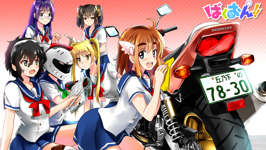 6+girls bakuon!! black_hair blonde_hair blush breasts brown_hair character_request closed_mouth collarbone grey_eyes ground_vehicle head_wings helmet highres kneeling large_breasts license_plate long_hair looking_at_another looking_at_viewer looking_away motor_vehicle motorcycle motorcycle_helmet multiple_girls neckerchief open_mouth purple_hair red_neckerchief ribbon sakura_hane short_hair short_twintails sitting smile suzuki-shi tools twintails yellow_eyes yellow_ribbon