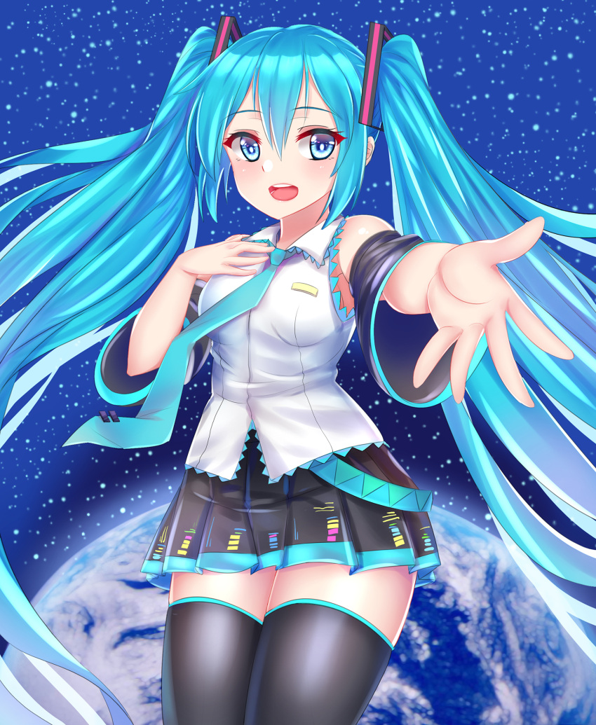 1girl black_legwear black_skirt blue_eyes blue_hair blue_necktie blush breasts cang_se_ye_hua detached_sleeves eyebrows_visible_through_hair hatsune_miku highres long_hair looking_at_viewer medium_breasts necktie open_mouth skirt smile solo thigh-highs tie_clip twintails vocaloid