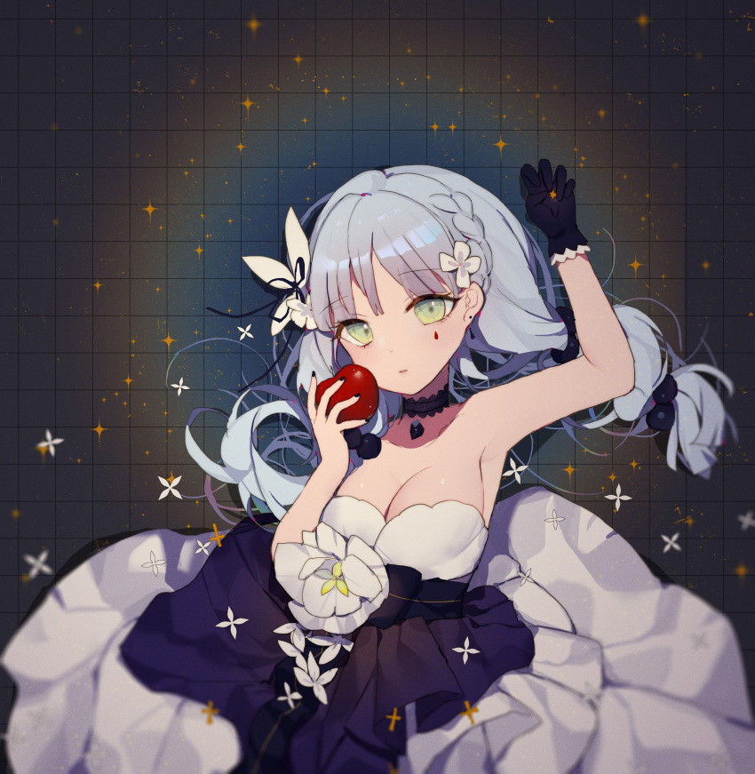 1girl acidear apple armpits bangs bare_shoulders black_gloves braid breasts choker cleavage crown_braid eyebrows_visible_through_hair flower food fruit gloves green_eyes grey_hair hair_flower hair_ornament highres holding holding_fruit long_hair looking_at_viewer medium_breasts nail_polish original parted_lips solo sparkle