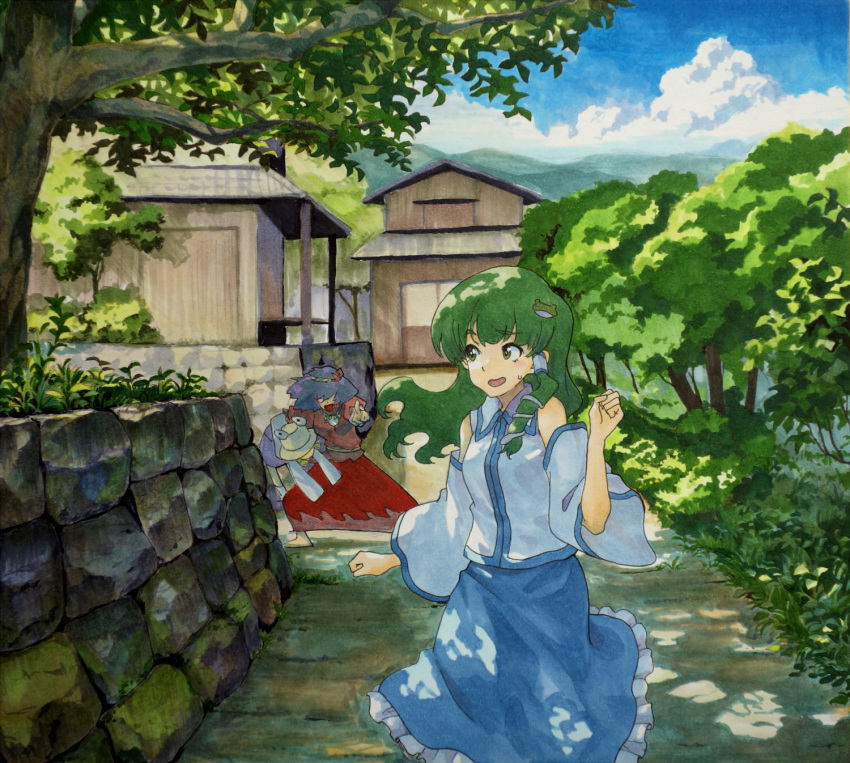 3girls carrying carrying_under_arm detached_sleeves frilled_skirt frills frog_hair_ornament green_eyes green_hair hair_ornament highres japanese_clothes kochiya_sanae miko moriya_suwako multiple_girls purple_hair scenery shiratama_(hockey) skirt snake_hair_ornament solo_focus touhou traditional_media yasaka_kanako