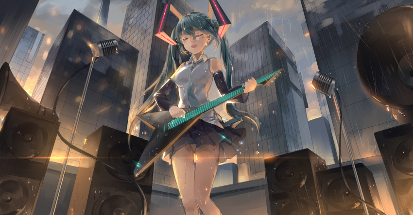 1girl absurdres amplifier bangs between_breasts black_skirt blue_hair blue_necktie blush breasts city closed_eyes commentary detached_sleeves electric_guitar evening flying_v guitar hair_between_eyes hatsune_miku highres holding holding_instrument instrument lens_flare long_hair maya_g medium_breasts microphone microphone_stand music necktie open_mouth outdoors playing_instrument pleated_skirt rain sidelocks skirt smile solo standing twintails very_long_hair vocaloid wet
