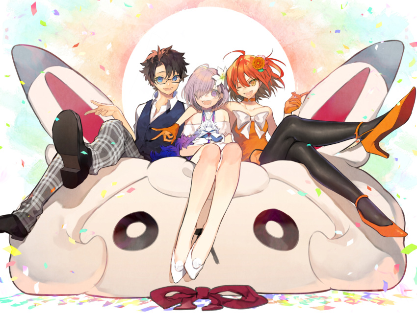 1boy 2girls :d ;d ahoge bare_shoulders black-framed_eyewear black_hair black_legwear black_shoes blue_eyes casual character_doll collarbone collared_shirt confetti dress fate/grand_order fate_(series) flats flower fou_(fate/grand_order) fujimaru_ritsuka_(female) fujimaru_ritsuka_(male) gloves hair_flower hair_ornament hair_over_one_eye high_heels index_finger_raised legs_crossed loafers looking_at_another looking_at_viewer multiple_girls nozaki_tsubata on_lap one_eye_closed one_side_up open_mouth orange_dress orange_eyes orange_flower orange_gloves orange_hair orange_shoes pants pantyhose plaid plaid_pants purple_hair shielder_(fate/grand_order) shirt shoes short_hair sitting slacks smile strapless strapless_dress tube_dress underwear vest violet_eyes white_dress white_shirt