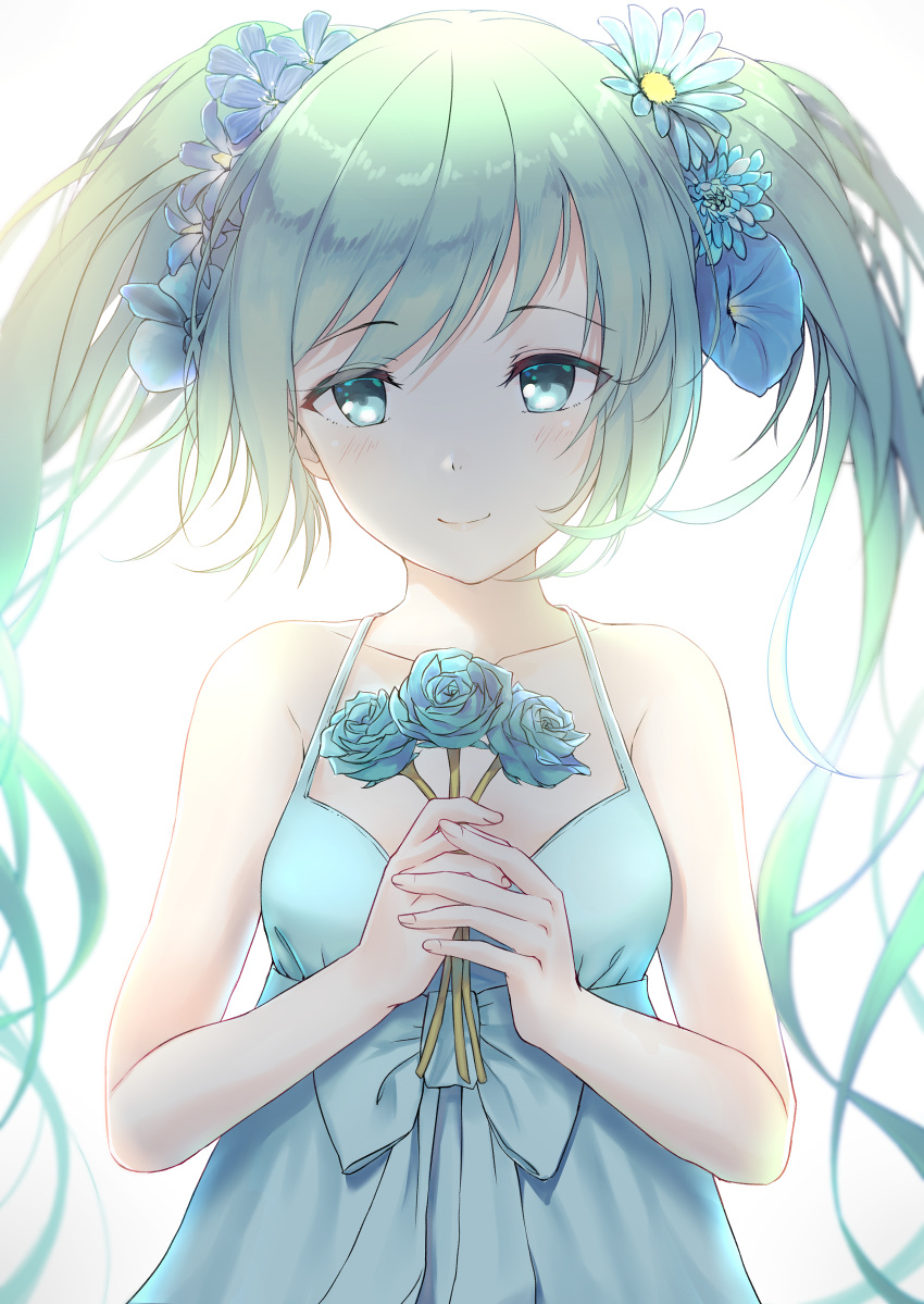 1girl aqua_eyes aqua_hair blue_rose blush closed_mouth collarbone eyebrows_visible_through_hair flower hair_flower hair_ornament hatsune_miku highres holding holding_flower long_hair looking_at_viewer pdxen rose smile solo twintails upper_body vocaloid